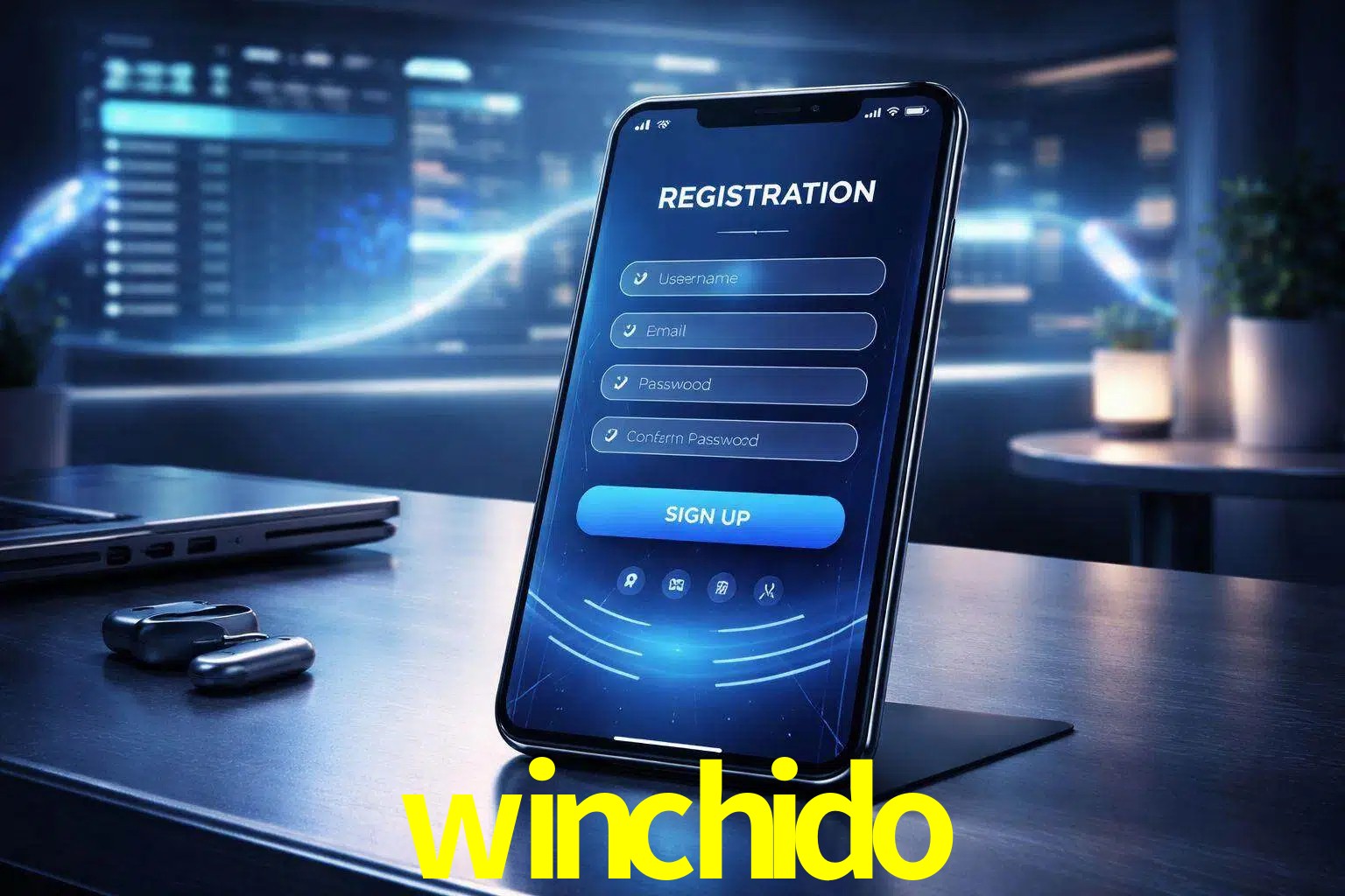 Una interfaz moderna de registro móvil para winchido mostrada en un smartphone con un panel de apuestas elegante.
